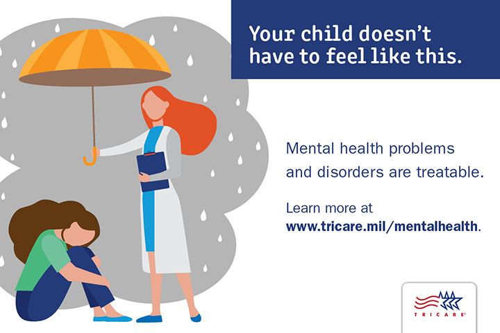This graphic is an image of a female medical professional holding an umbrella over a female seated and hugging her knees. The umbrella is shielding both of them from the rain.