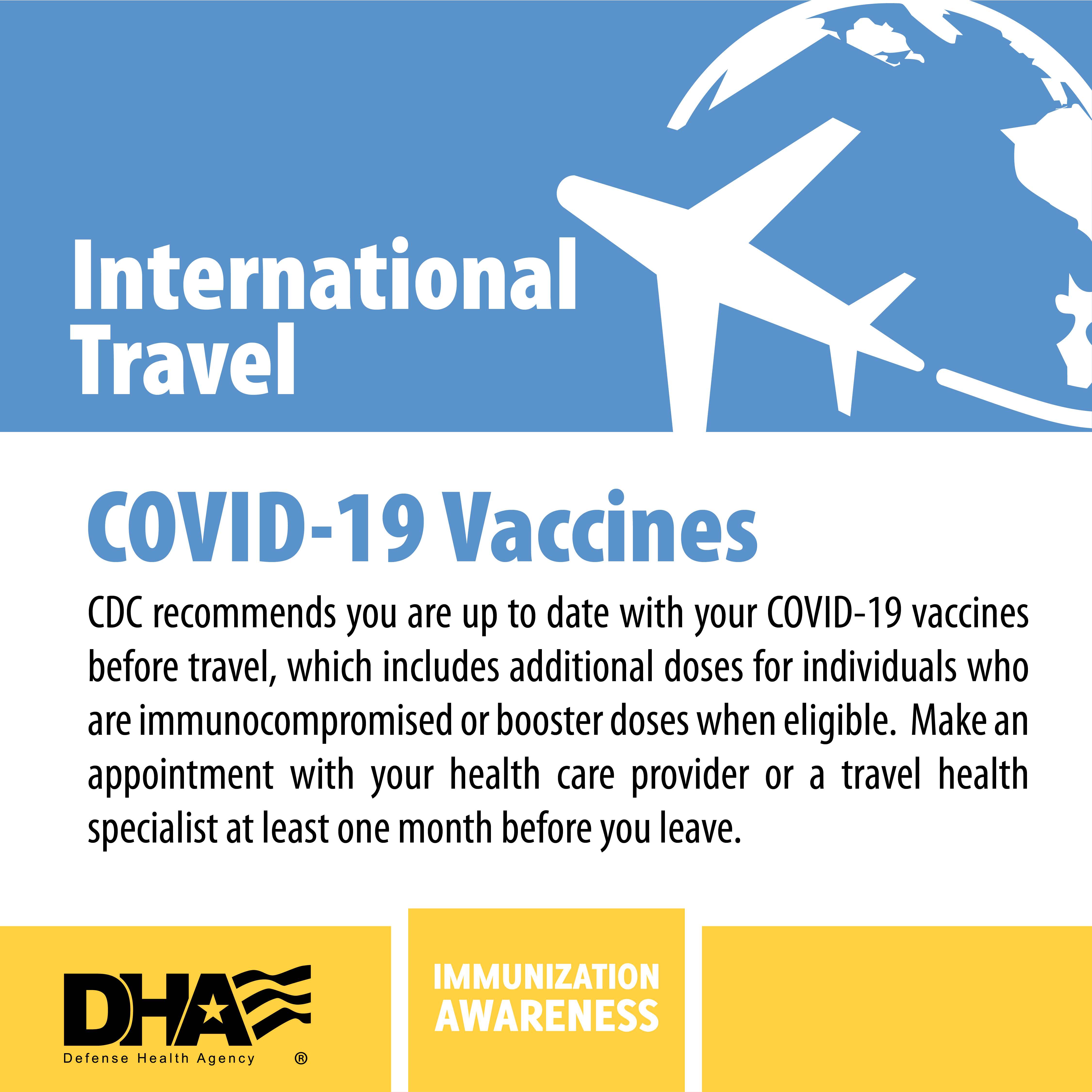 Link to Infographic: International Travel - COVID-19 Vaccines - CDC recommends you are up to date with your COVID-19 vaccines before travel