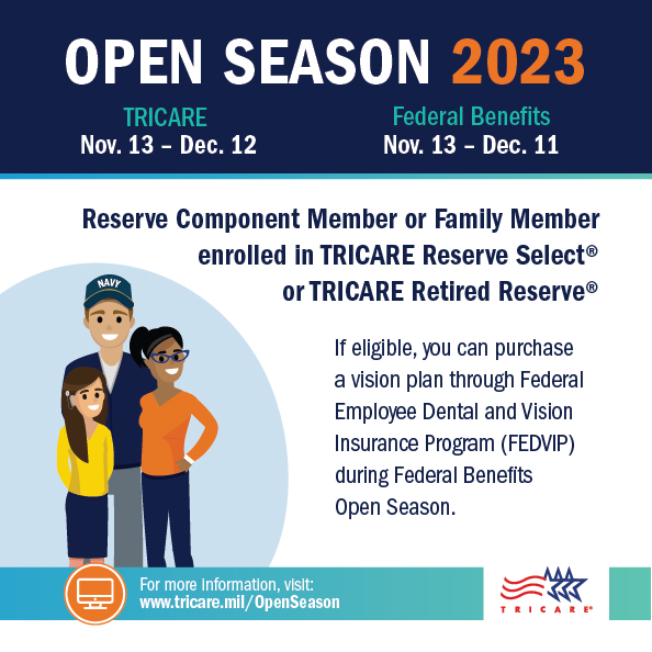 Link to Infographic: Reserve Component Member or family members enrolled in TRICARE Reserved Select or TRICARE Retired Reserve can enroll vision insurance during Open Season. A family is on the left, the TRICRE logo on the bottom right, and a link to www.tricare.mil/openseason on the bottom left.