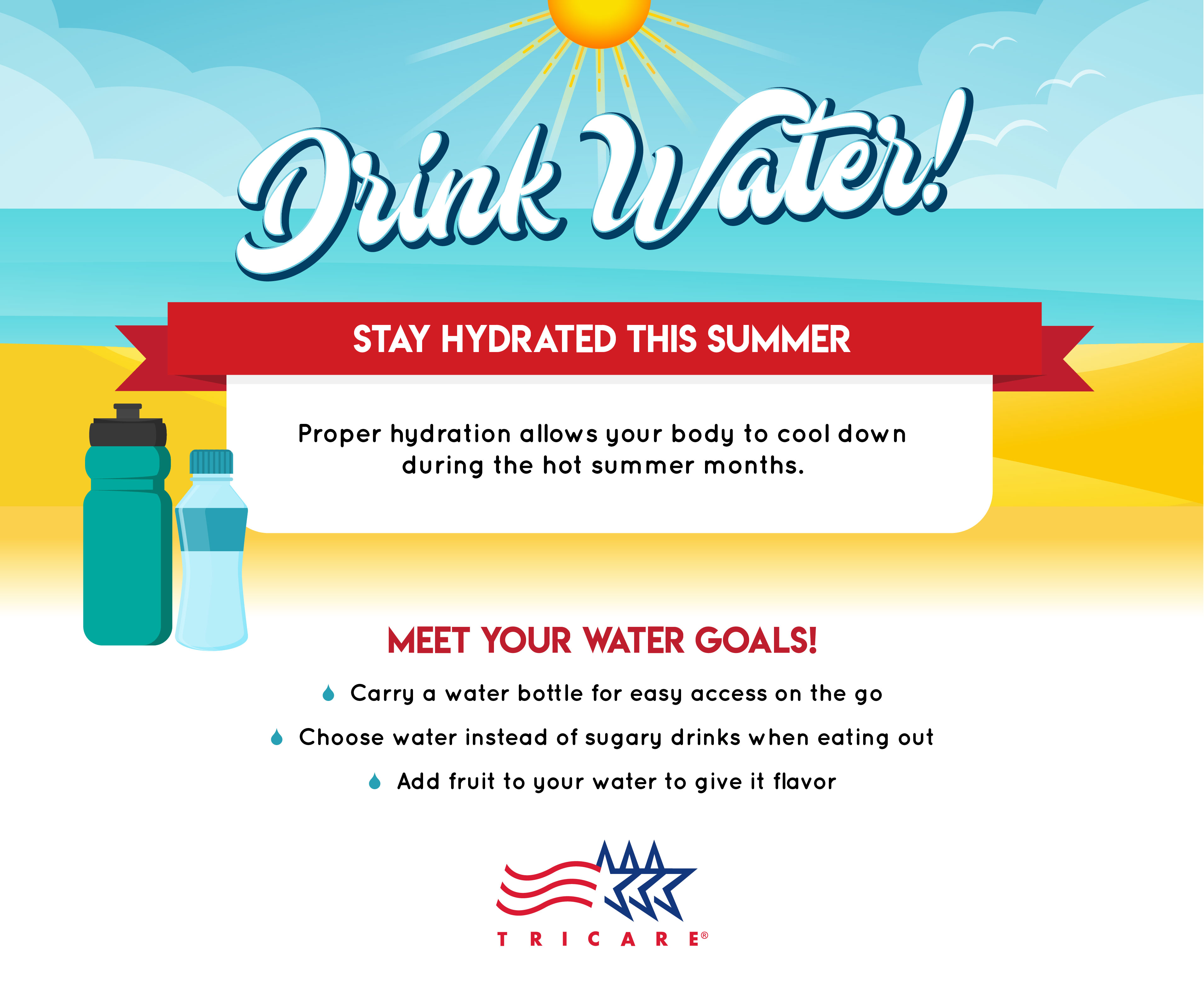 This infographic provides information on ways to stay hydrated while out in the sun. 