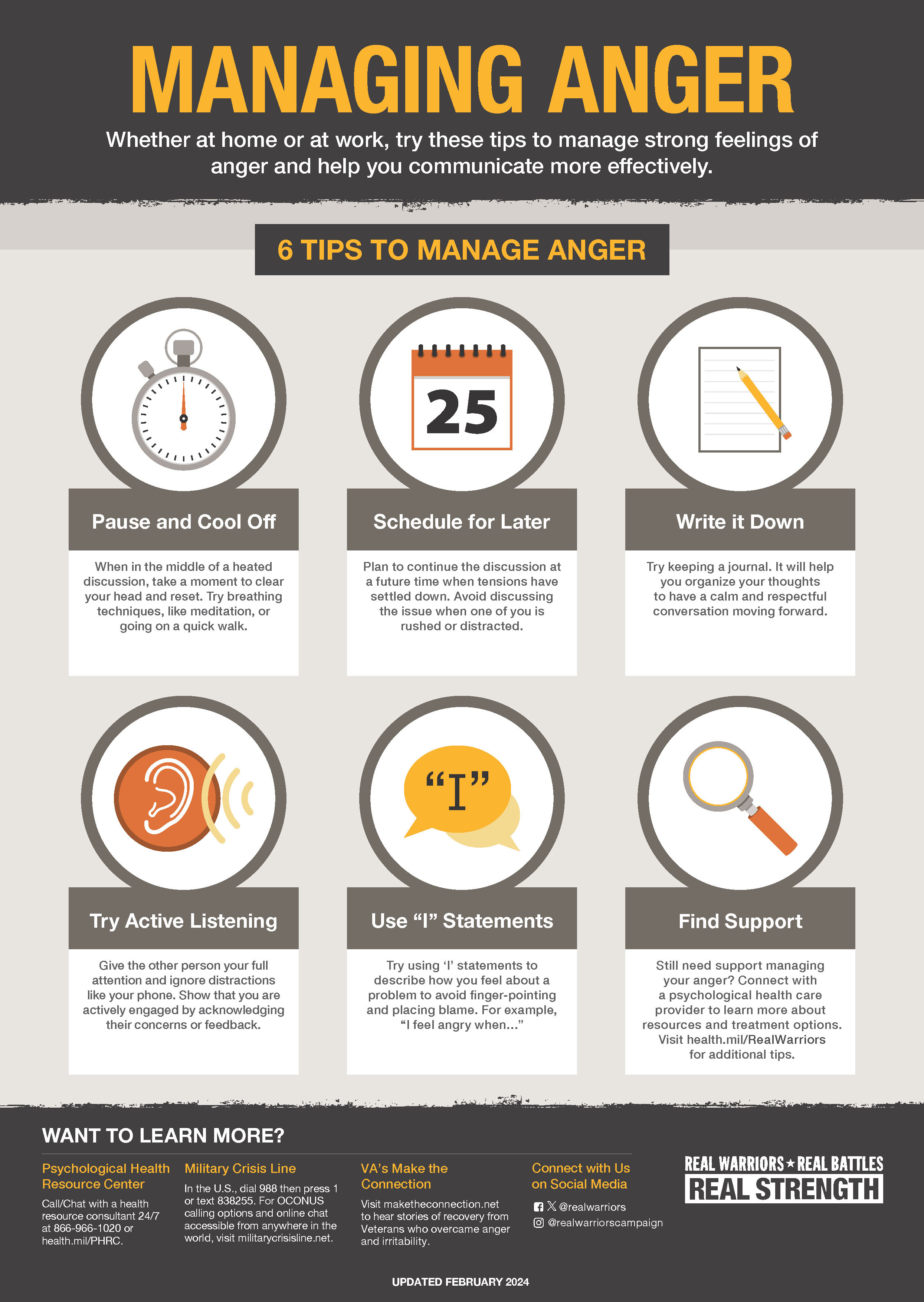 Vertical flyer sharing 6 tips to manage anger. Background is light gray. The top banner is a black background with yellow text that says, “managing anger.”
The center is a set of three icons in two rows displaying icons for managing anger.
Top row:
Icon of an analog clock, text reads: Pause and cool off,
Icon of a Calendar, text reads: Schedule for later,
Icon of a notepad and yellow pencil, text reads: Write it down.
Bottom Row:
Icon of an ear and three lines, text reads: Try active listening,
Icon of text bubble, with the letter I in quotes. Text reads: Use “I” statements,
Icon of a magnifying glass, text reads: Find support.
Bottom banner is in black with white and yellow words featuring additional resources under the heading that says, want to learn more?