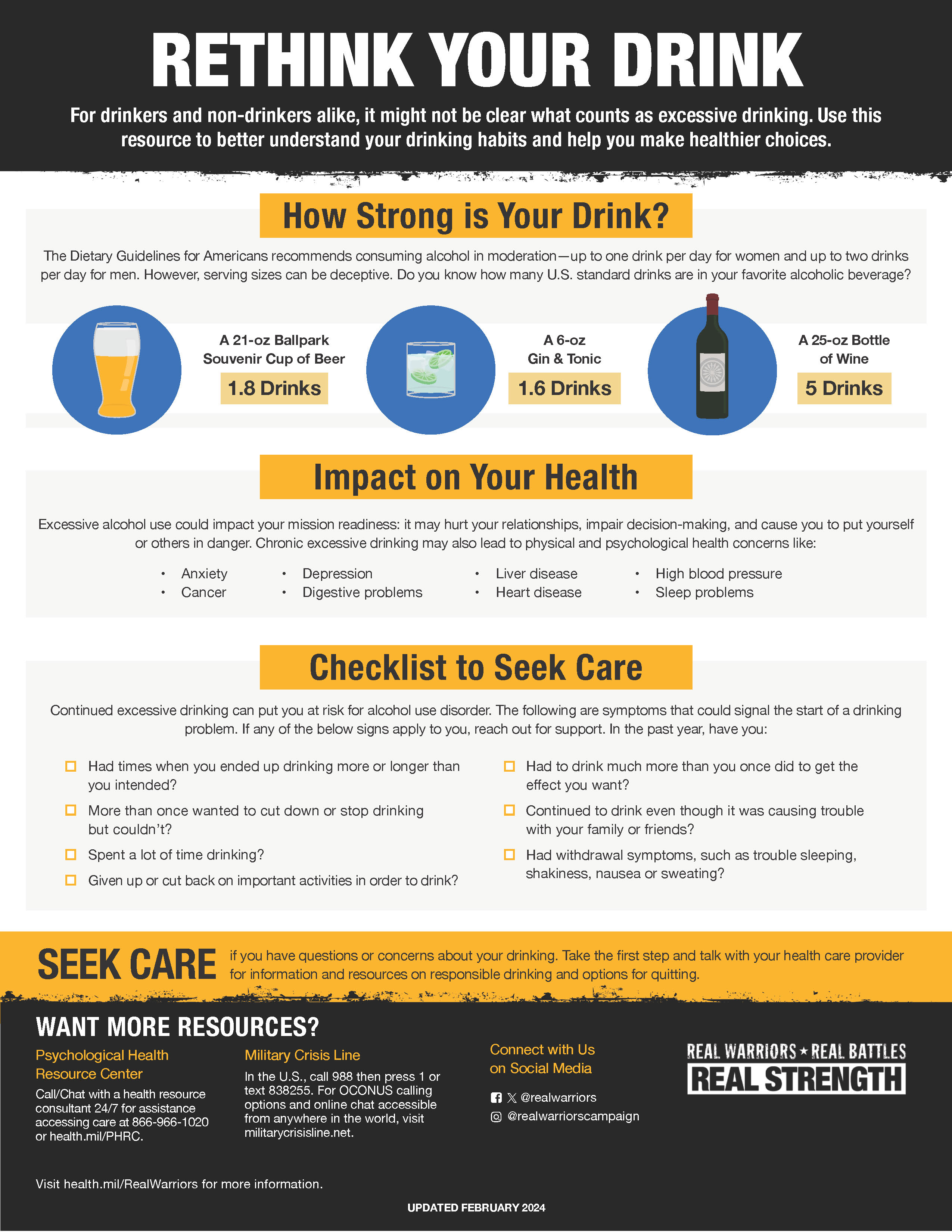 The flyer’s top banner is black and white with the text, “Rethink Your Drink” written at the top. There is text underneath that says, “For drinkers and non-drinkers alike, it might not be clear what counts as excessive drinking. Use this resource to better understand your drinking habits and help you make healthier choices.”
There is a yellow banner with the text says, “How is Strong is Your Drink?” There are three images of alcoholic beverages and the equivalent number of drinks. There is a second banner underneath with the text says, “Impact on Your Health.” There is a list of health issues written below.
There is a third banner with the text says, “Checklist to Seek Care”. There is a list written below.
The RWC logo is on the bottom right corner.