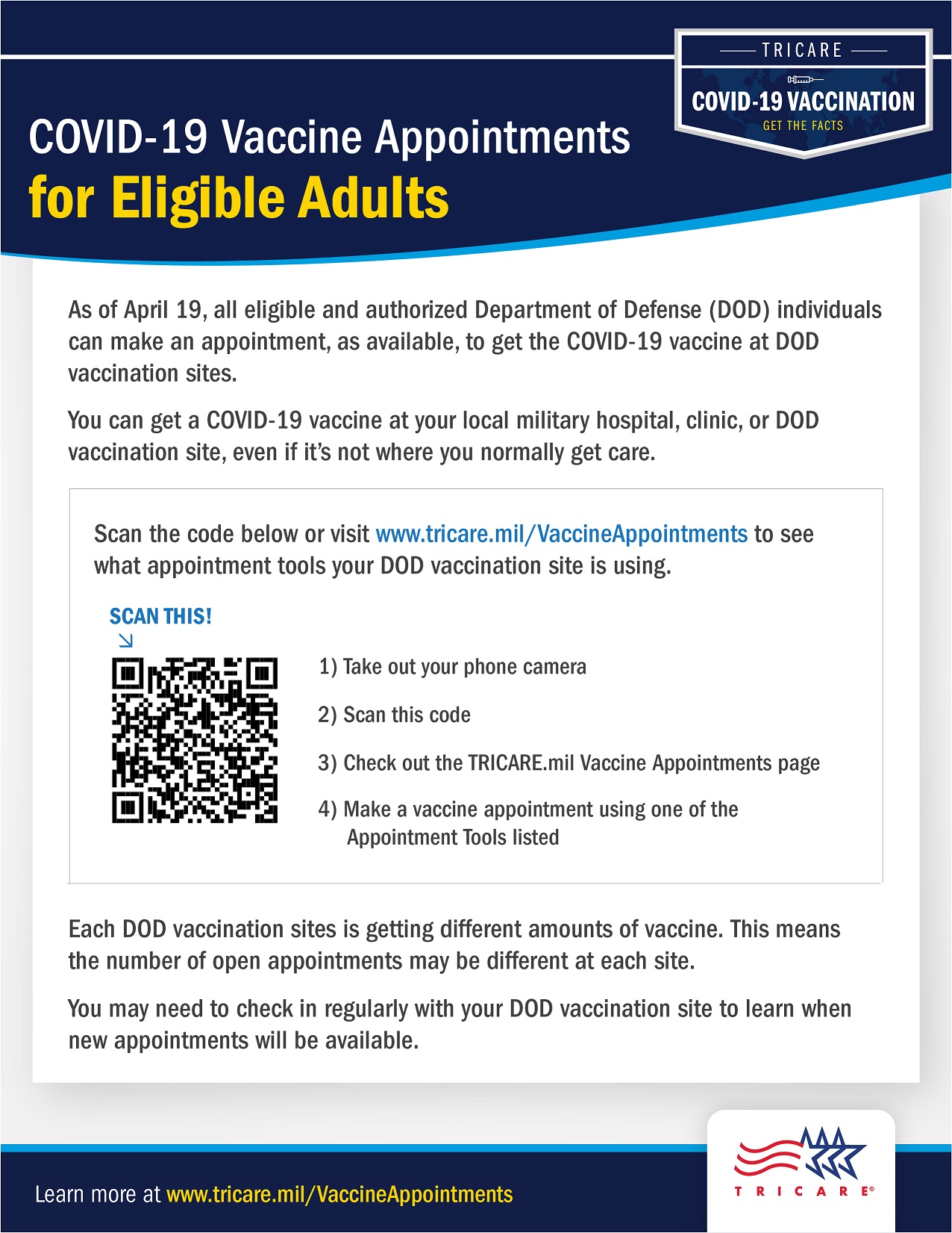 A navy and gray graphic stating that all eligible and authorized DOD individuals can make a COVID vaccine appointment. Contains a QR code for individuals to use to sign up for an appointment. TRICARE logo is located at the bottom right corner.  
