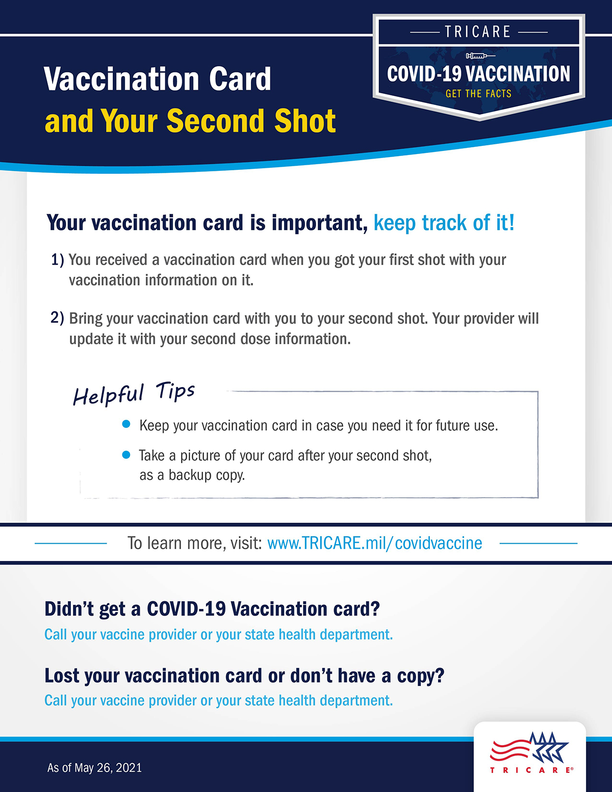 Graphic saying that keeping track of your vaccination card is important. Includes a helpful tips section, a link to www.tricare.mil/covidvaccine, and what to do when you didn’t get your vaccination card or don’t have a copy. The TRICARE logo is on the bottom right of the page.