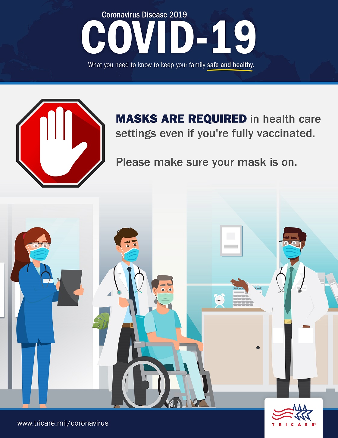 COVID-19 poster showing doctors and patients in a health care setting wearing masks. The sign reads, "Masks are required in health care settings even if you're fully vaccinated. Please make sure your mask is on."