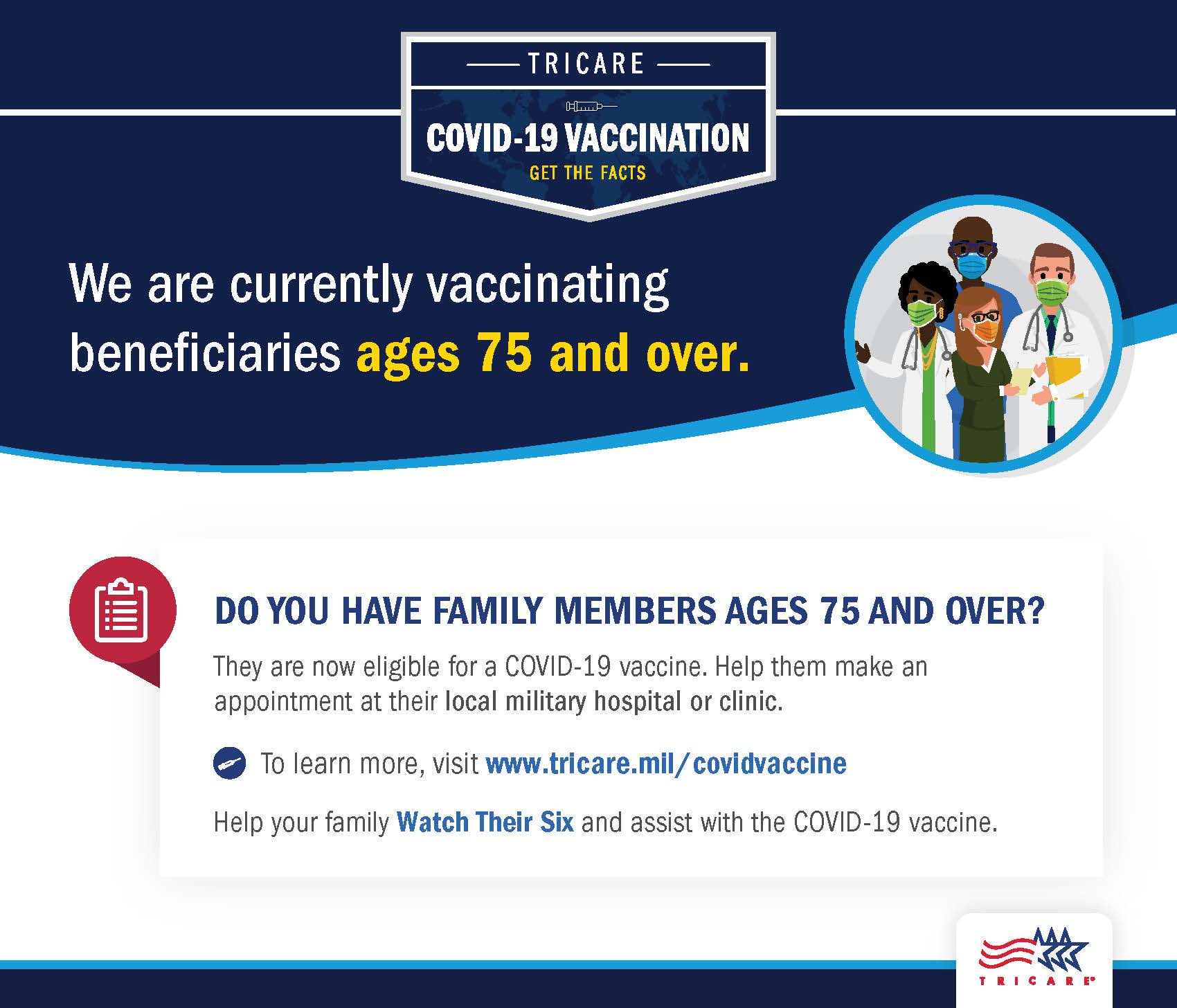 Image of medical personnel wearing masks on the top right. Text reminds beneficiaries to help those over the age of 75 make a vaccine appointment.