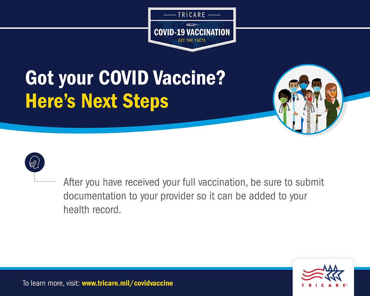A screensaver graphic of medical personnel wearing masks on the top right. Text reminds vaccinated persons to submit vaccination documentation to be added to your health record. Includes TRICARE logo on bottom right. 