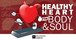 Social media graphic on healthy heart for body and soul with a cartoon heart running on a tread mill.
