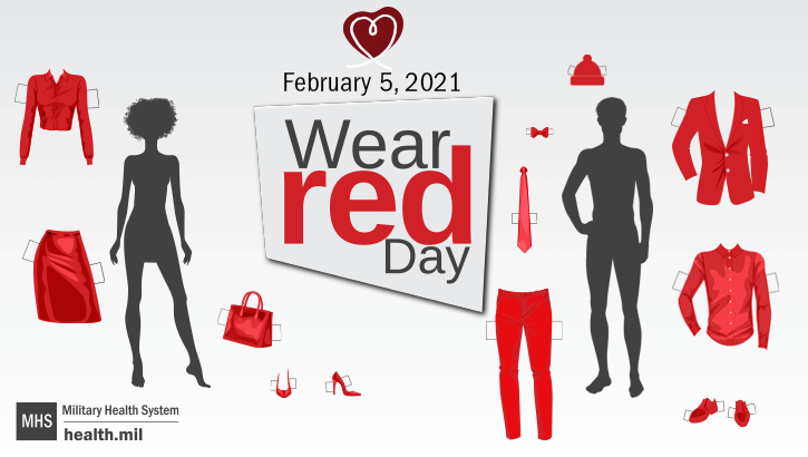 Social Media Graphic on Wear Red Day with mannequins with red clothing to dress them.