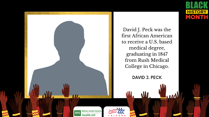 David Jones Peck was the first African American to receive a medical degree in the United States. While his presence at Chicago’s Rush Medical College in 1846-1847 was objected to by many, Peck’s fellow students voted on his admittance, and he successfully completed the requirements for graduation in 1847. Following his graduation, Peck toured Ohio with William Lloyd Garrison, Frederick Douglass, and others before establishing his medical practice in 1848.  Find more about the life of David Jones Peck here: https://www.ncbi.nlm.nih.gov/pmc/articles/PMC2608104/pdf/jnma00386-0080.pdf 