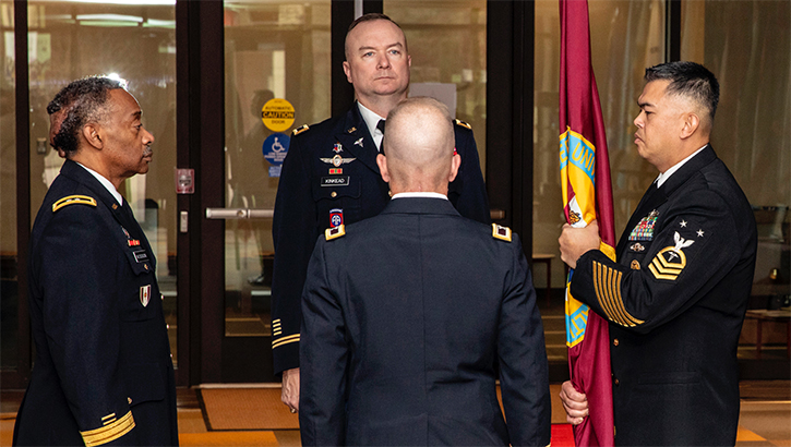 Uniformed Services University's Brigade Commander U.S. Army Col. Patrick Donahue relinquished command to U.S. Army Col. Albert Kinkead on Dec. 1, 2023, at the change of command ceremony in the university's Rice Hall. (Photo by Tom Balfour/Uniformed Services University)