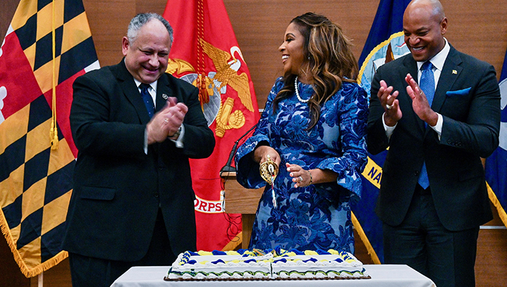 Secretary of the Navy Carlos Del Toro names the future USNS Bethesda (EMS 1), the lead ship of the new EMS class, during a ceremony at Walter Reed National Military Medical Center’s National Intrepid Center of Excellence.