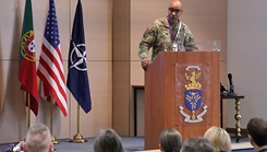 Col Tracy Michael, Commander, 68th Theater Medical Command, delivers opening remarks during the 32nd Multinational Medical Engagement in Lisbon, Portugal.