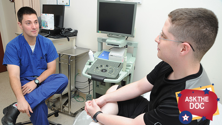 Image of Lt. Cmdr. David Griffin, a urologist at Naval Hospital Pensacola, discusses a treatment plan with a patient in the Urology Clinic. Some of the common conditions seen at the clinic include male infertility, sexual health, kidney stones, urinary tract infections, urologic cancers, blood in the urine, urinary problems, vasectomies and more.