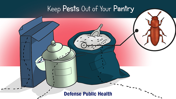 We all know that fresh produce goes bad, but most homeowners are surprised and unhappy when they open their breakfast cereal or flour and find insect “bonuses” inside. These sneaky little beetles and moths, called “pantry pests,” can find their way into your food both at your home and before it reaches you. (Defense Centers for Public Health-Aberdeen graphic illustration by Andrew Leitzer) 