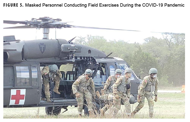 Photo of masked U.S. service members conducting field exercises during the COVID-19 pandemic.