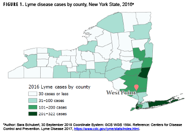 Lyme disease cases by county, New York State, 2016a
