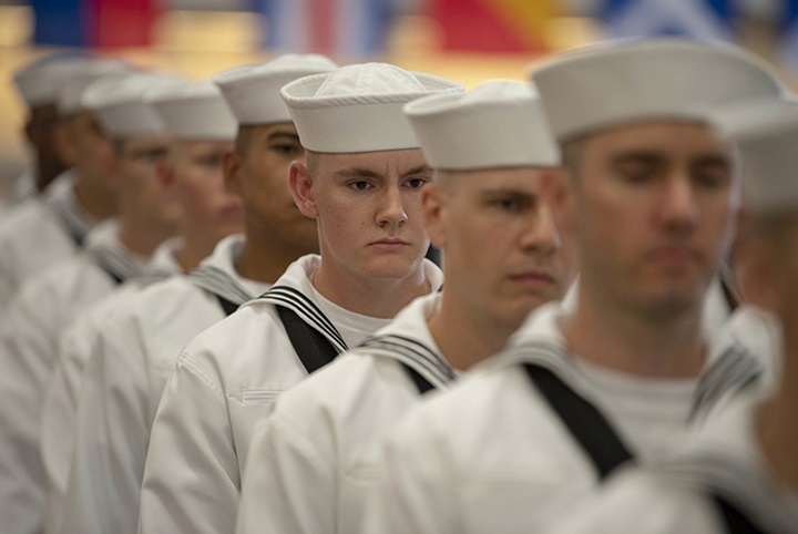 Image of U.S. Navy sailors graduate from boot camp at Recruit Training Command (RTC) in 2018. (Photo courtesy of U.S. Navy).