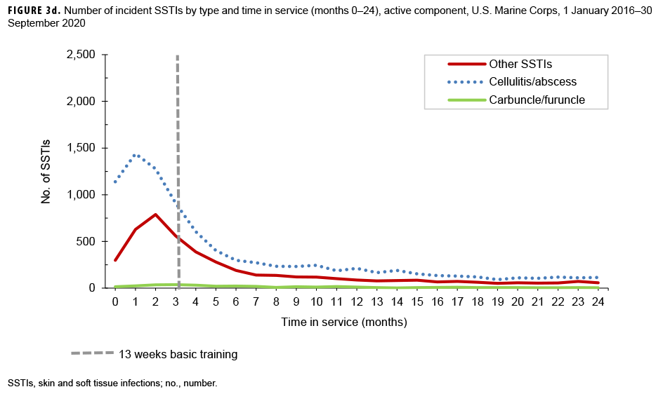 FIGURE 3d. Number of incident SSTIs by type and time in service (months 0–24), active component, U.S. Marine Corps, 1 January 2016–30 September 2020