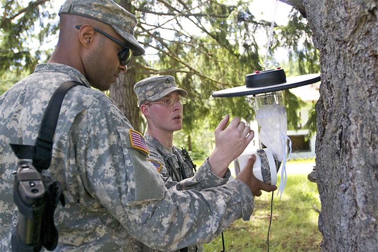 Spc. Joshua Jones, left, and Pfc. Richard Bower, both preventive medicine specialists, 227th Preventive Medicine Detachment, 62nd Medical Brigade, check an insect trap during a field training exercise on Joint Base Lewis-McChord, June 20. The 227th PMD notionally deployed to Guiria, Venezuela, where a tropical storm caused floods and presented a real world concern for mosquitos, which are known to spawn in stagnant water and cause widespread vector borne illnesses such as malaria, yellow fever and dengue fever.  Photo by Sgt. Sarah Enos 5th Mobile Public Affairs Detachment