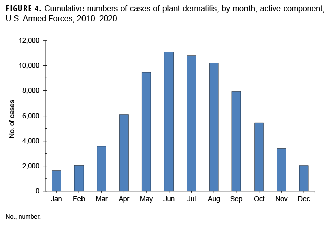  FIGURE 4. Cumulative numbers of cases of plant dermatitis, by month, active component, U.S. Armed Forces, 2010–2020
