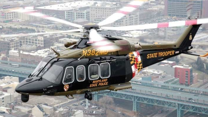 A Maryland State Police medevac helicopter transports a patient to the R Adams Cowley Shock Trauma Center