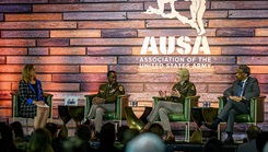 Civilian and military panelists participate in the Association of the United States Army's Military Family Forum for Transforming Combat-Ready Care at the Walter E. Washington Convention Center in Washington, D.C., Oct. 15, 2024. This year’s AUSA Annual Meeting and Exposition theme is “Transforming for a Complex World,” focusing on Army modernization and restructuring efforts. (U.S. Army photo by Henry Villarama)