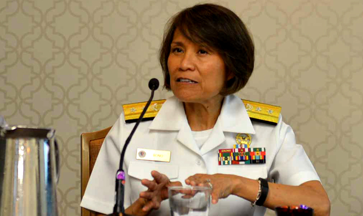 Navy Rear Adm. Raquel Bono, a physician and director of the Defense Health Agency’s (DHA) National Capital Region Medical Directorate, speaks at the Healthy Aging Summit in Washington, D.C., July 27, 2015. (Photo by Sharon Renee Taylor, Walter Reed National Military Medical Center Public Affairs)