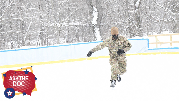 Image of A Soldier assigned to 10th Combat Aviation Brigade spends part of his lunch break getting a quick workout on the ice. So far, 2021 has seen the type of North Country winter weather that is making the Fort Drum ice rink a hot spot for outdoor recreation. Since the rink opened on Jan. 25, it has seen more activity in the first 10 days than all of last season with nearly 800 skaters in attendance. (Photo by Mike Strasser, Fort Drum Garrison Public Affairs).