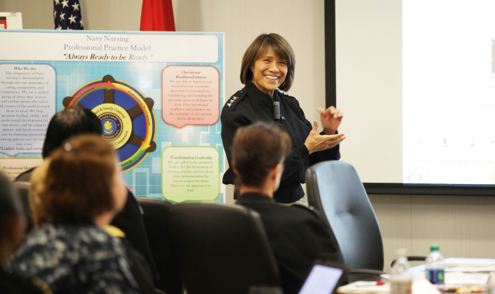 Navy Vice Adm. Raquel Bono, director, Defense Health Agency, addresses the U.S. Navy Nurse Corps at its 2016 Senior Nurse Executive Business Meeting, which took place at Defense Health Headquarters in Falls Church, Virginia, Mar. 15, 2016. 