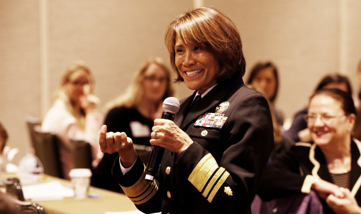 Navy Vice Adm. Raquel Bono, director of the Defense Health Agency, talks to the Association of Women Surgeons meeting in Washington, D.C.