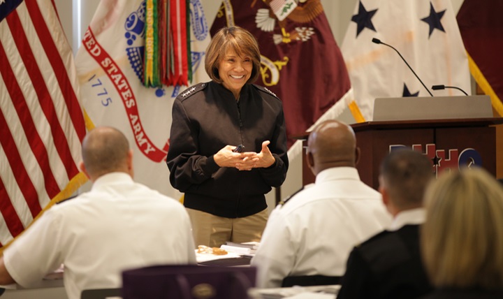 Navy Vice Adm. Raquel Bono, director, Defense Health Agency, speaks to officer s from the U.S. Army Medical Department (AMEDD) at Defense Health Headquarters in Falls Chruch, Virginia, on Monday, March 21. 