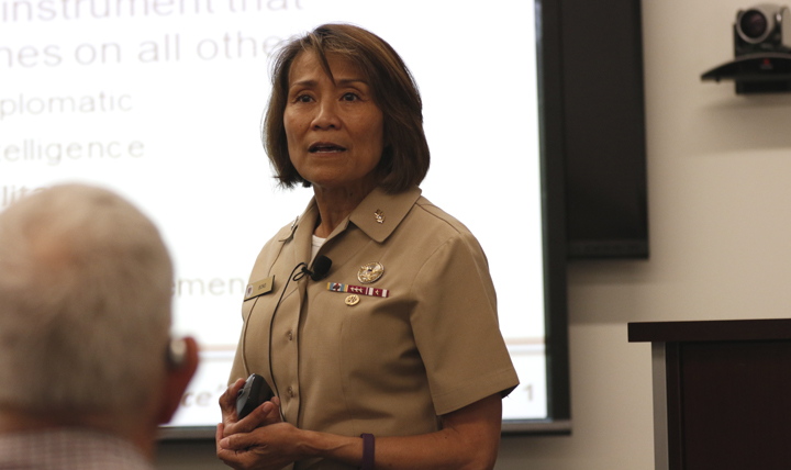 DHA Director Vice Adm. Raquel Bono speaks to attendees of the Global Health Strategies for Security Course at the Uniformed Services University of the Health Sciences in downtown Washington, DC. (Courtesy photo)