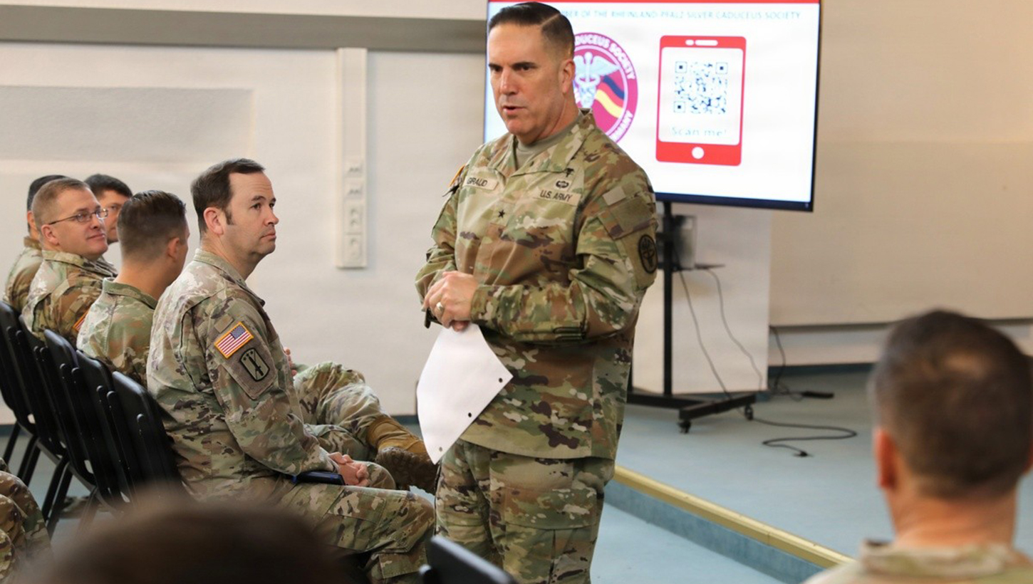  U.S. Army Brig. Gen. Roger Giraud, commander of Medical Readiness Command, Europe, director of Defense Health Network Europe and 21st Chief of the U.S. Army Medical Service Corps was guest speaker at the inaugural meeting of the Rheinland-Pfalz Silver Caduceus Society