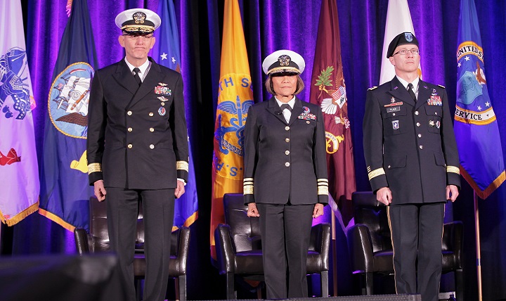 From left, Navy Rear Adm. David Lane, Navy Vice Adm. Raquel Bono, and Army Maj. Gen. Ronald Place during the change of authority ceremony for the National Capital Region Medical Directorate. (Courtesy photo)