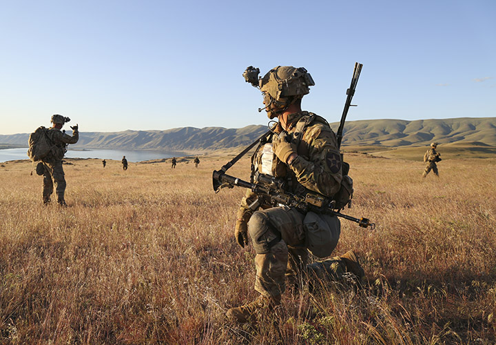 U.S. Army Soldiers from 1-17th Infantry Battalion, 2nd Stryker Brigade, 2nd Infantry Division, clear an objective during the training exercise Bayonet Focus 19-02 at Yakima Training Center, Wash., May 6, 2019. Bayonet Focus is a training exercise designed to assess Soldiers’ ability to preform tasks and complete objectives under conditions experienced during combat situations. (U.S. Army photo by Spc. Angel Ruszkiewicz)