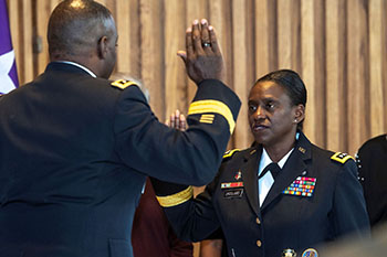 Lt. Gen. Telita Crosland, the Defense Health Agency’s fourth director and first African American DHA director, takes the oath of office after her promotion to Lieutenant General Jan. 20, 2023. (Photo by Robert Hammer)
