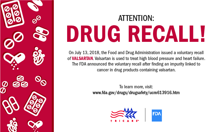 n July 13, 2018, the Food and Drug Administration issued a voluntary recall of valsartan. Valsartan is used to treat high blood pressure and heart failure.