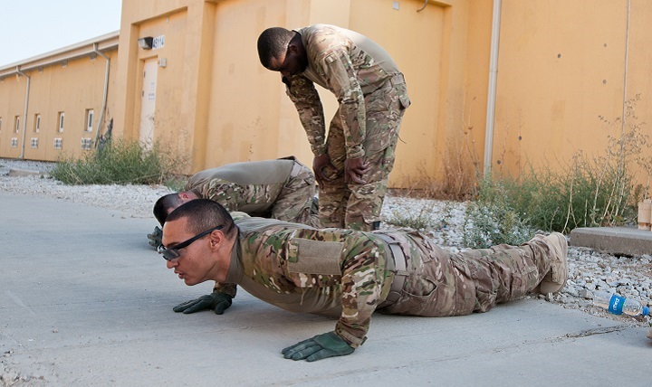 A Soldier does as many pushups as possible during The Black Knight Challenge at Bagram Air Field, Afghanistan. 