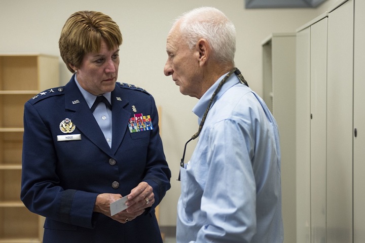 Lt. Gen. Dorothy Hogg, Air Force Surgeon General, talks with a veteran during a tour of the Air Force’s first Invisible Wounds Center at the Eglin Air Force Base, Fla. The IWC will serve as a regional treatment center for post-traumatic stress, traumatic brain injury, associated pain conditions and psychological injuries. (U.S. Air Force photo)
