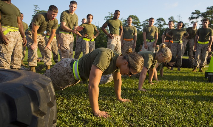 Marines and sailors with Combat Logistics Regiment 27, 2nd Marine Logistics Group compete in a combat fitness challenge at Camp Lejeune. Female service members can be at risk for developing the Female Athlete Triad if they don’t get enough calories and if training is too intense. (U.S. Marine Corps photo by Sgt. Paul Peterson)