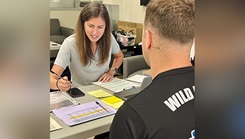 Dr. Claire Berryman, principal investigator and assistant professor for Pennington Biomedical Research Center at Louisiana State University, conducts orientation and checks in participants during the Military Health and Nutrition Examination Study, Aug. 21–24, 2024. The study measures soldiers’ health to guide evidence-based screening education and intervention strategies and improve the health of the force. (Photo by Jean Graves)
