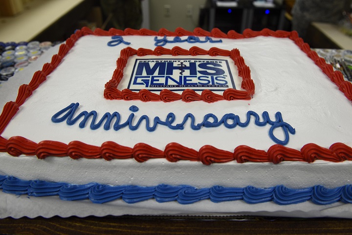 A cake celebrating the second year anniversary of Military Health System GENESIS' arrival to Fairchild's 92nd Medical Group at Fairchild Air Force Base, Washington, Feb. 8, 2019. MHS GENESIS is a Department of Defense-wide electronic health record and management system that combines health records from base, civilian and Veteran’s Affairs primary care providers, pharmacies, laboratories and dental clinics into one network. (U.S. Air Force photo/Airman 1st Class Lawrence Sena)