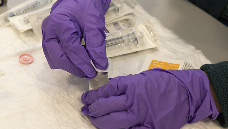 Image of Gloved hands working in laboratory.