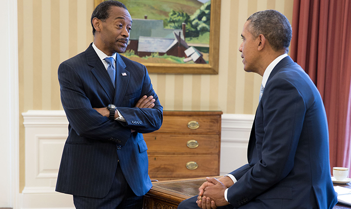 Dr. Jonathan Woodson, left, assistant secretary of Defense for Health Affairs, speaks with President Barack Obama at the White House. Woodson, who has served as ASD for Health Affairs for five and a half years, is stepping down at the end of April and returning to Boston University School of Medicine. As he moves on from his position, Woodson reiterated it was a team effort that helped him succeed, and in turn, ensured the success of the Military Health System. He feels he’s leaving the organization better than he found it, and his successors will continue in that vein.