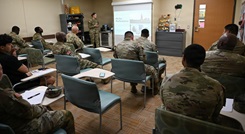 Registered dietitian nutritionist, officer-in-charge nutrition care division, Carl R. Darnall Army Medical Center, 1st Lt. Stephanie Gay, instructs a nutrition care class for active-duty service members