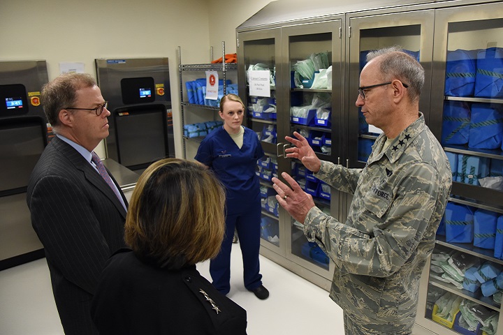 Air Force Lt. Gen. Mark Ediger, Air Force Surgeon General, right, discusses the 81st Dental Squadron clinic renovations with Thomas McCaffery, Acting Assistant Secretary of Defense for Health Affairs, and Navy Vice Adm. Raquel Bono, Defense Health Agency director, at the Keesler Medical Center during a site visit at Keesler Air Force Base, Mississippi, April 27, 2018. The purpose of the visit was to get oriented with base operations and the Keesler Medical Center. The visit also included an office call with 2nd AF leadership and tours of the Clinical Research Lab and Radiology Oncology. (U.S. Air Force photo by Kemberly Groue)