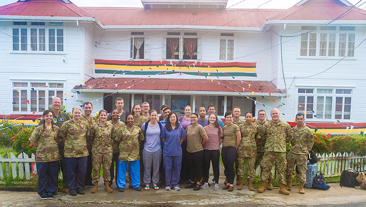 The Lesser Antilles Medical Assistance Team gathers in front of the medical administrative building at West Demerara Regional Hospital, Georgetown, Guyana. (Photo by U.S. Air Force Sen. Airman Alexus Wilcox)