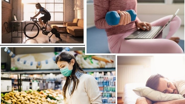 Image of Collage of four pictures of people exercising, sleeping and eating healthy food.