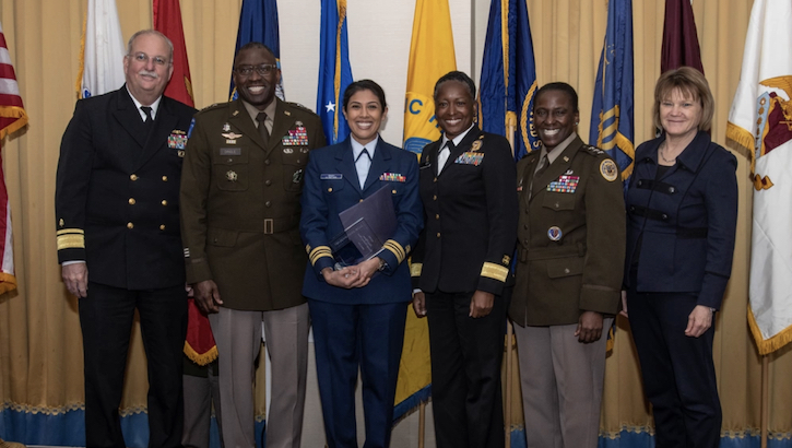 U.S. Public Health Service Lt. Cmdr. Swati Singh, chief medical informatics officer of the United States Coast Guard Headquarters in Washington, D.C., received the junior Female Physician Leadership Excellence Award during the Military Health System Awards Ceremony at National Harbor, Maryland, on Feb. 16. Pictured are, from left, U.S. Navy Surgeon General Rear Adm. Bruce Gillingham, U.S. Army Surgeon General Lt. Gen. Scott Dingle, Lt. Cmdr. Singh, Defense Health Agency Director U.S. Army Lt. Gen. Telita Crosland, Rear Adm. Aisha Mix, chief nurse officer of the Commissioned Corps of the U.S. Public Health Service, and Seileen Mullen, acting assistant secretary of defense for health affairs.